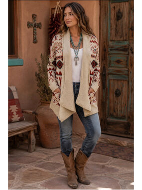 Roxy Southwestern Geometric Open Front Cardigan Sweater Women’s L Boho Western